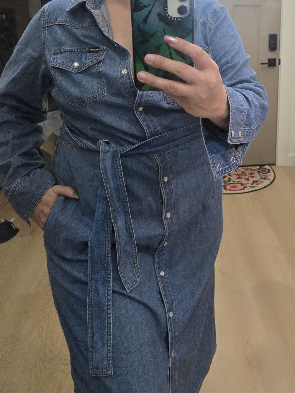 Wrangler Pearl Snap Denim Shirt Dress Tie Waist Western Midi Large